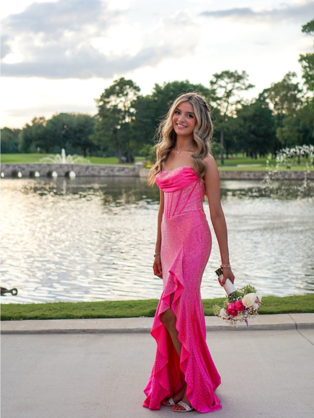Sherri Hill Hot Pink Beaded Ruffled Prom Gown - Picture 2 of 3